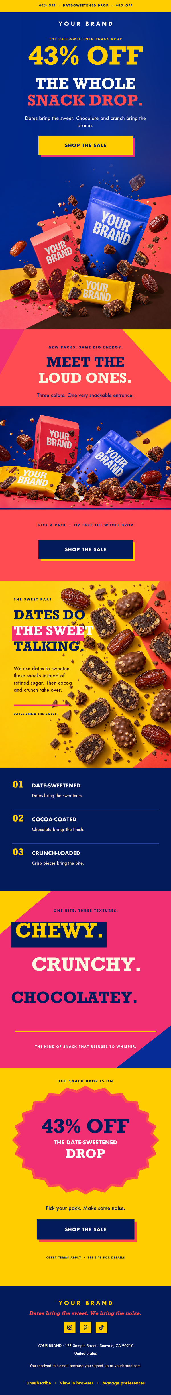 Vollständige Sale-Kampagne für eine Snack-Marke in Blau und Gelb, mit Rabatt-Headline, Produktreihe und Kauf-Button, von SynqFlow Designer entworfen