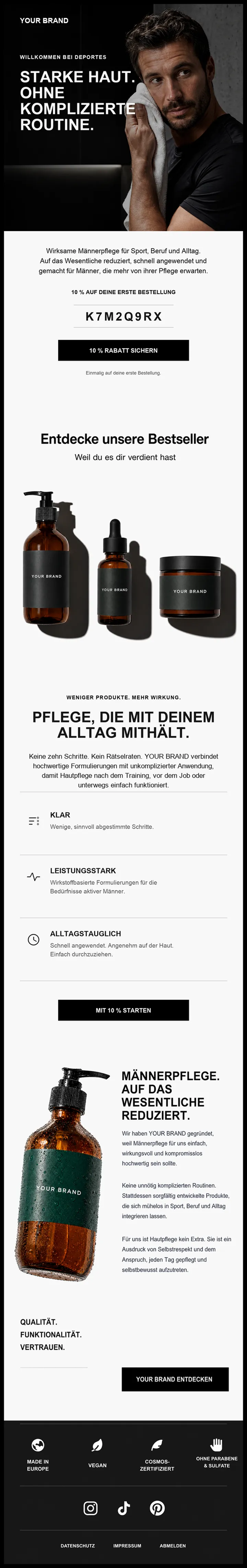 Komplette Beispiel-E-Mail: Männerpflege-Willkommenskampagne im reduzierten dunklen Look